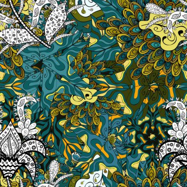 - hisse senedi. Desen mavi, siyah, yeşil, sarı renkler. Soyut karalamalar desen. Vektör. Sorunsuz şirin kumaş deseni. Kullanılabilmesi için kupa baskı, Bebek giyim, duvar kağıdı, kutuları vb kaydırma.