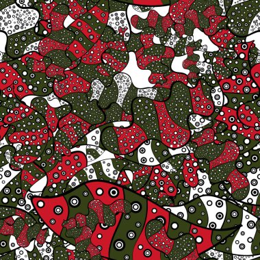 Vektör. Dikişsiz güzel kumaş desen. Doodles'ın siyah, yeşil ve kırmızı renkler.