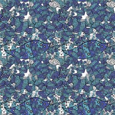 Dikişsiz desen baskı. Moda kumaş deseni. Mavi, beyaz ve siyah renkler üzerinde karalamalar. Vektör.