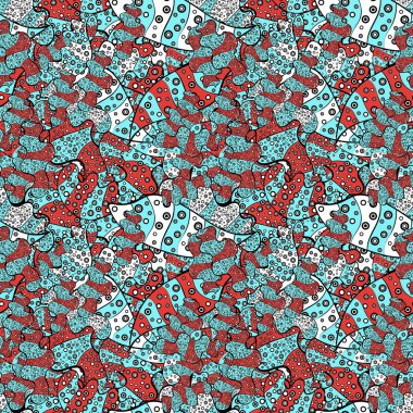 Vektör çizim. Tasarım. Sorunsuz yazdır. Düz karalamalar. Şirin kumaş deseni. Öğeleri mavi, siyah ve pembe renkler.