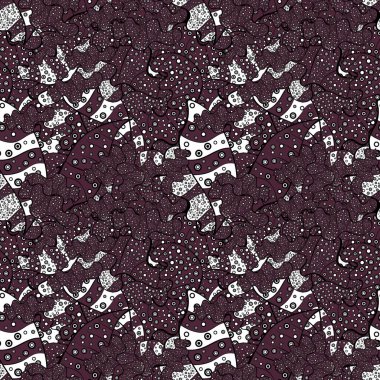 Soyut karalamalar desen. Kahverengi, siyah, beyaz, gri ve mor renkler. Vektör çizim. Güzel arka plan. -hisse senedi. Sorunsuz şirin kumaş deseni.