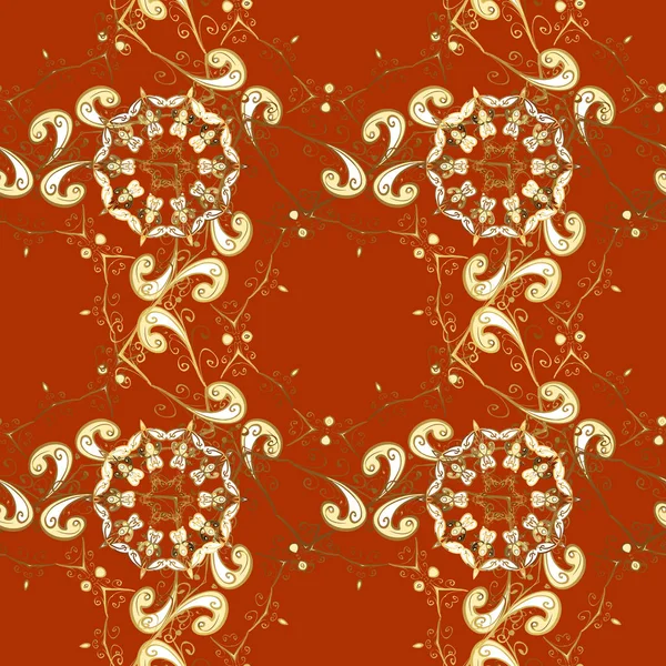Vektorillustration Damast Gold Abstrakte Blüten Nahtlose Muster Auf Orange Braun — Stockvektor