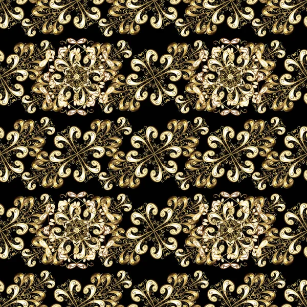 Damasko arka plan. Altın çiçek seamless modeli. Bir siyah, bej ve kahverengi renkleri altın öğesinde. Barok tarzı altın çiçek süsleme.