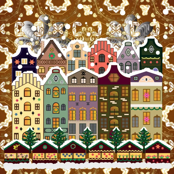 Winter Village Night Christmas Background Vector Illustration — Stock Vector