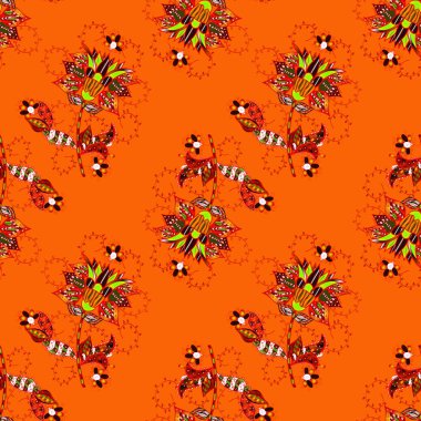 Vektör çizim. Turuncu, kırmızı, kahverengi ve yeşil renkler suluboya tarzında. Küçük çiçek desenle sorunsuz bahar.