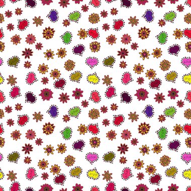 Güzel kalpleri sevgi sevimli arka plan üzerinde beyaz, kırmızı, kahverengi, siyah ve sarı renkler. Vektör. Yaz stili illüstrasyon şirin elemanları ile. Sevgi ve mutlu tasarımlar. Kesintisiz renkli boho pop sanat tarzı.