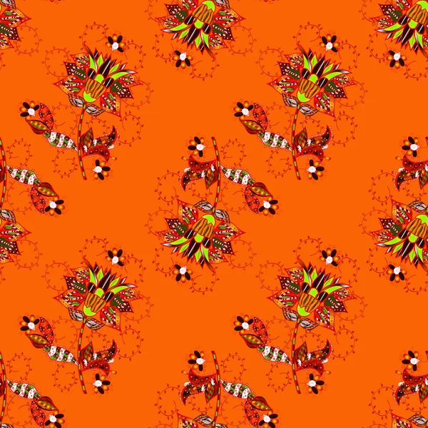 Vektör çizim. Turuncu, kırmızı, kahverengi ve yeşil renkler suluboya tarzında. Küçük çiçek desenle sorunsuz bahar.