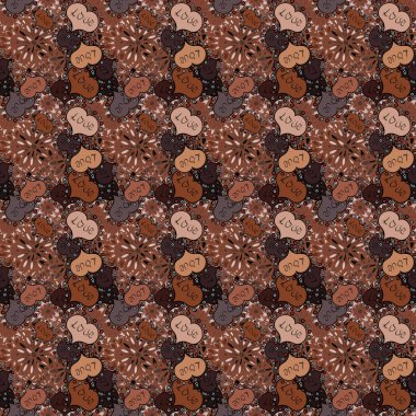 Aşk ve tatil tema. Sevgililer günün kutlu olsun. Vektör çizim. Gerçekçi güzel kahverengi, siyah, tarafsız, turuncu ve gri kalp ile Seamless modeli.