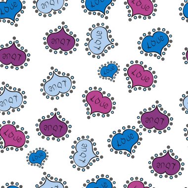 Vektör çizim. Kesintisiz aşk desen. Valentine': s gün. Kağıt ambalaj. Beyaz, siyah, mavi, mor ve nötr renkler öğelerinde kalp kroki. Kız, tekstil, giyim için tekrarlanan zemin seviyorum.