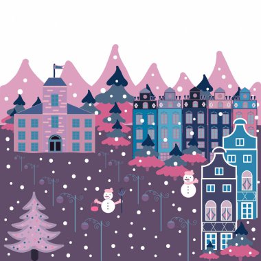 Fantezi manzara renkli evler. Resimde beyaz, gri ve mavi renkler. Vektör çizim.