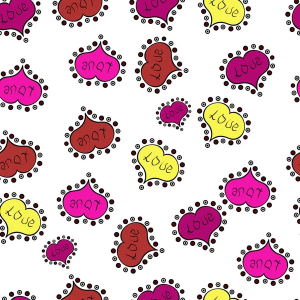 Beyaz, pembe, siyah, kırmızı ve sarı renkler öğelerinde. Seamless aşk modeli ile elle çizilmiş doodle kalpler. Sevgililer günü tasarım.