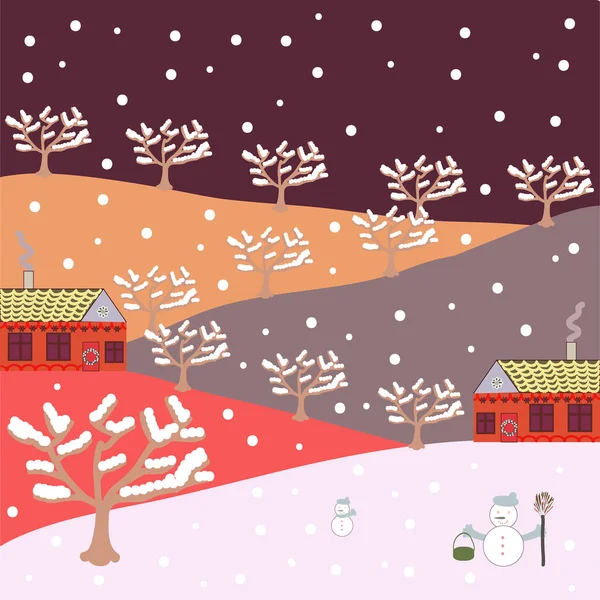 Snowmans Una Casa Campo Estilo Plano Elementosson Fondo Color Marrón — Vector de stock