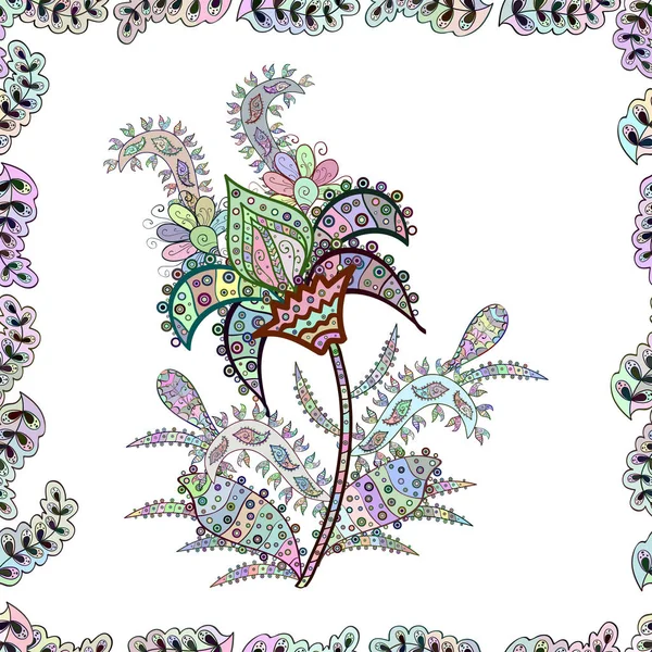 Vektör geleneksel halk çiçek buketi beyaz, tarafsız ve gri renkler Tekstil tasarımı için. Nakış renkli çiçek seamless modeli ile haşhaş ve Vadideki Zambak.