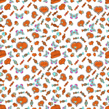 Yeni yıl vektör çizim. Noel hediyeleri için kağıt ambalaj. Beyaz, turuncu ve mavi zemin üzerine şeker ile Noel vektör seamless modeli.