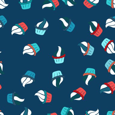 Sorunsuz elle çizilmiş vintage tarzı kek ve kurabiye. Vektör çizim. Hamur işi. Top kek tatlar illüstrasyon mavi, beyaz, pembe, kırmızı ve turuncu üzerinde doodle.