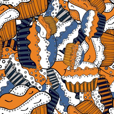 Seamless.Colorful ve tatlı zaman turuncu, beyaz, siyah, mavi ve gri izole ortada yazılı ile farklı cupcakes. Vektör çizim.