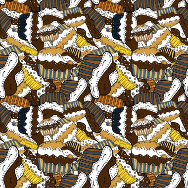 Pasta kek şirin seamless modeli. Güzel Doğum günü desen beyaz, kahverengi, siyah, sarı ve mavi. Vektör. Gıda afiş tasarımı için.