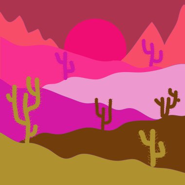 Vektör çizim. Çizgi film çöl siluetleri kaktüs ve dağ seyahat Afrika manzara düz stil tasarımı pembe, sarı ve mor renkler ile.