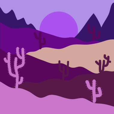Sands. Vektör çizim. Çöl. Menekşe, mor ve nötr renkler arka plan kaktüs ile.