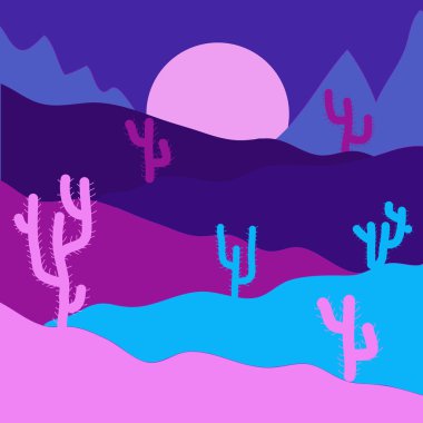Parlak mavi, pembe ve mor renkler ile doku tekrarladı. Vektör. Kaktüs çölde ile vektör. Doğal el çöl bitkileri ile arka plan çizimi.