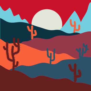 İllüstrasyon kırmızı, mavi ve turuncu renkler. Vektör çizim. Güzel kumulları Sahra Çölü.