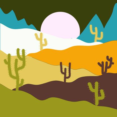Vektör çizim. Yeşil, sarı ve nötr renkler manzara. Kompozisyon. Çöller ve kum tepeleri Manzara gündoğumu.