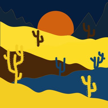 Kaktüsler üzerinde sarı, mavi ve kahverengi renkleri ile arka plan. Vektör çizim. Modaya uygun yazdırma.