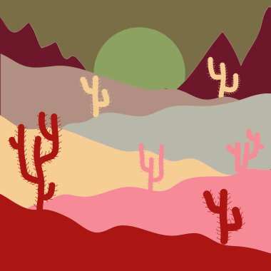 Vektör çizim. Modaya uygun yazdırma. Kaktüsler üzerinde kırmızı, tarafsız ve kahverengi renkleri ile arka plan.