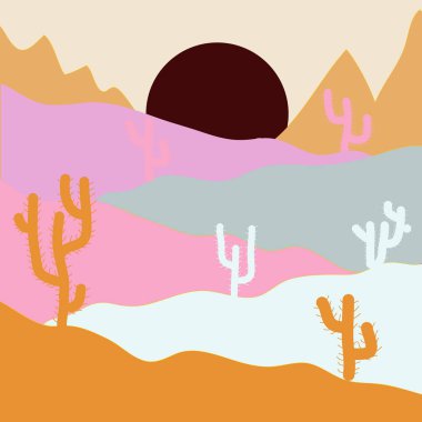 Kum kaktüs ile. Vahşi kaktüs çöller üzerinde. Vektör çizim. Şık tarafsız, bej ve pembe renkler.