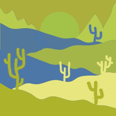 Kaktüs bitkileri attı bir desen ile vektör desen. Vektör çizim. Yeşil, sarı ve mavi renkler. Tekstil baskı, ürün paketleme ve ev dekorasyonu için güzel. Yumuşak ve güzel.