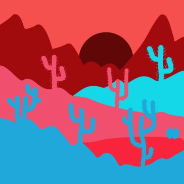 Çöller ve kum tepeleri manzara. Pembe, mavi ve kırmızı renklerde kaktüs ile arka plan. Kompozisyon. Vektör çizim.