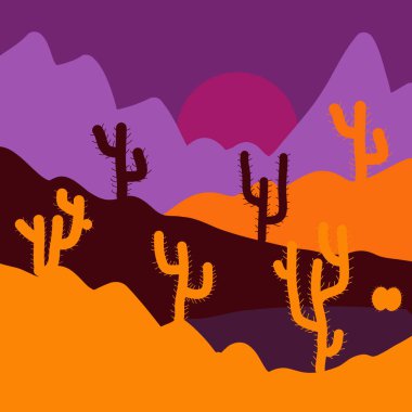 Turuncu, mor ve mor renkler karikatür. Vektör çizim. Kaktüsler, çöl yatay.