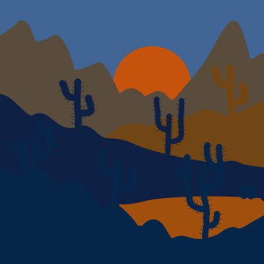 Arka plan mavi, kahverengi ve turuncu renkler üzerinde. Vektör çizim. Doğal kumtaşı. Kaktüs ve dağlar, çöl yatay. Düz tasarım stili.