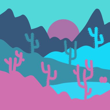 Teksas manzara çöl. Çizgi film çöl road, kaktüsler ve rock Dağları ile vektör. Kompozisyon. İllüstrasyon mavi, pembe ve mor renkler.