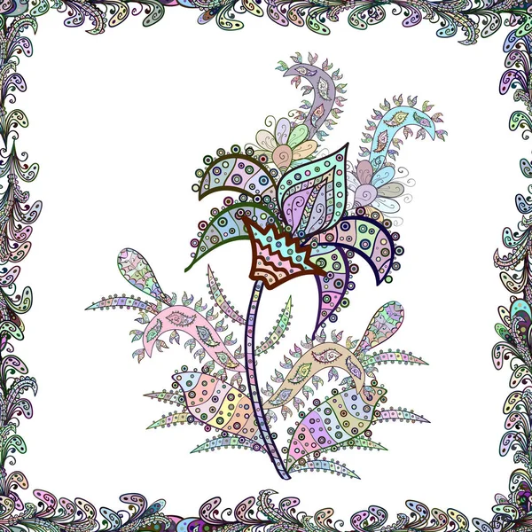 Vektör çiçek desenli çiçekli doodle tarzında. Nazik, güzel çiçek arka plan. Çiçekler beyaz, tarafsız ve gri renkler.