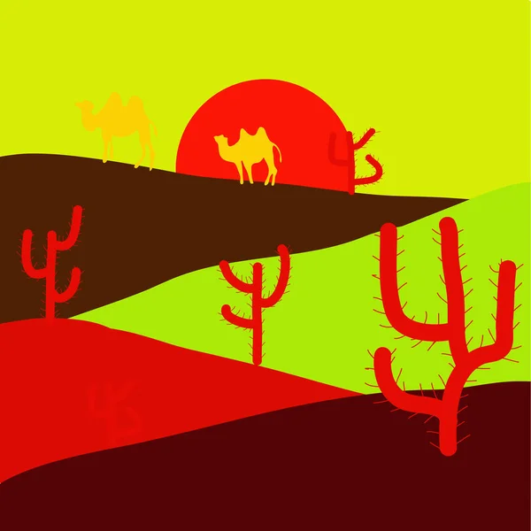 Cartoon Desert Силуэтами Cactus Mountain Travel Africa Landflat Style Design — стоковый вектор