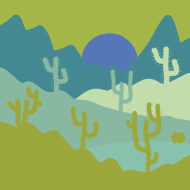 Kroki kaktüsler ile çöl Güney Amerika. Kır manzarası tarafsız, sarı ve mavi renkler. Vektör çizim el çekilmiş.