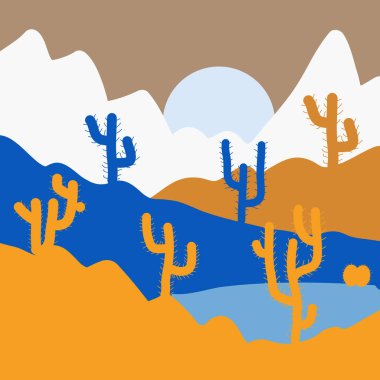 Vektör çizim. Web ve mobil uygulaması tasarımı, çöl logo kavramı için sarı, mavi ve tarafsız arka plan üzerinde çöl.