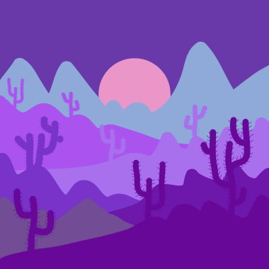 Vektör çizim. Kompozisyon. Kaktüs mor, mavi ve mor renklerde arka plan. Çöller ve kum tepeleri manzara.