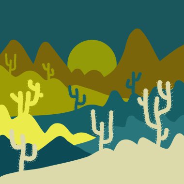Vektör çizim. Kompozisyon. Kaktüs yeşil, tarafsız ve mavi renklerde arka plan. Çöller ve kum tepeleri manzara.