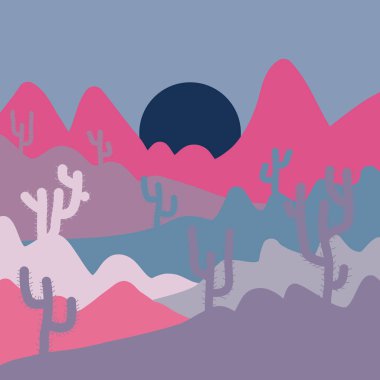 Kompozisyon. Vektör çizim. Çöller ve kum tepeleri manzara. Arka plan mavi, tarafsız ve pembe renklerde kaktüs ile.