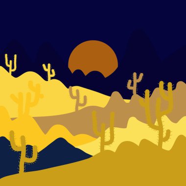 Sahara Çölü'nde güzel kum tepeleri. Resimde siyah, sarı ve bej renkler. Vektör çizim.