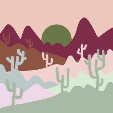 Vektör. Çöl illüstrasyon kaktüs ile arka plan sahne. Tarafsız, gri ve mor renkler resimleri.