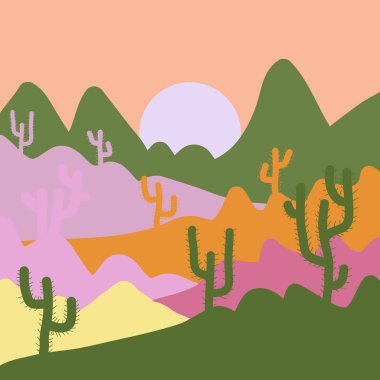 Çizgi film çöl road, kaktüsler ve rock Dağları ile vektör. Resimde yeşil, bej ve nötr renkler. Kompozisyon. Çöl texas manzara.