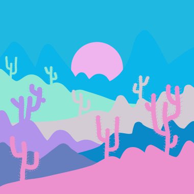 Mavi, pembe ve gri renkler manzara. Çöller ve kum tepeleri manzaraya gündoğumu. Kompozisyon. Vektör çizim.