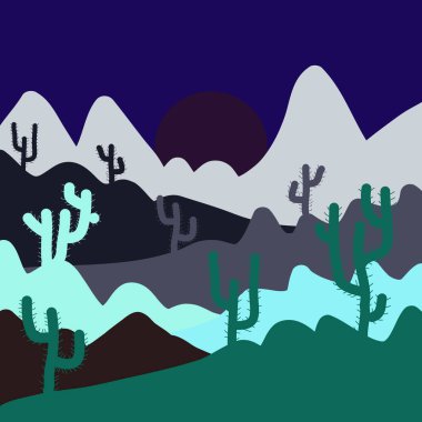Kaktüs ve dağlar, çöl yatay. Vektör çizim. Düz tasarım stili. Arka plan mavi, gri ve yeşil renkler üzerinde. Doğal kumtaşı.