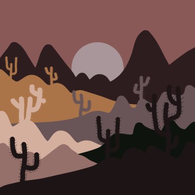 İllüstrasyon kahverengi, pembe ve gri renkler. Vektör çizim. Güzel kumulları Sahra Çölü.