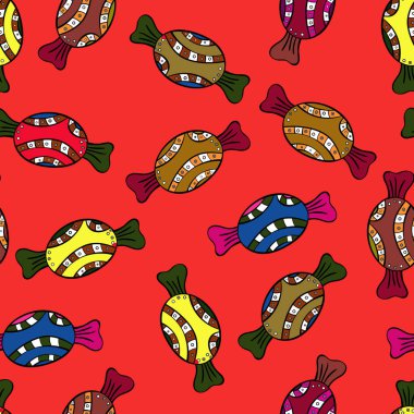 Vektör yeşil, kırmızı ve siyah şeker ile seamless modeli. Tekstil, kartlar, için tatlı web tasarım: lezzetli gerçekçi seamles arka plan: grafik fantastik şeker.