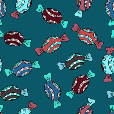 Suluboya tatlılar şekerlemeler ile Seamless modeli, mavi, siyah ve pembe bir arka plan üzerinde elle çizilmiş izole. Vektör çizim.