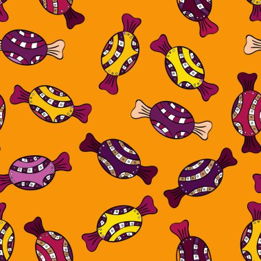 Sarı, mor ve siyah arka plan üzerinde renkli şeker serpin, şeker ya da fırın tasarım. Parlak sorunsuz vektör konfeti model parti.